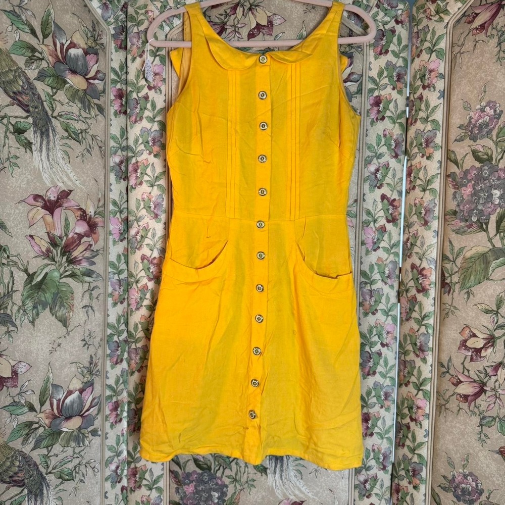 ModCloth Tyger Alexis Yellow Vintage Style Button Front Dress Pockets Size M